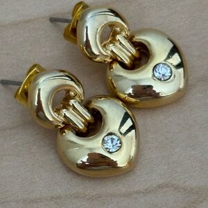 Gold Tone Heart Earrings with Crystal Accents/ Measure 1 inch length